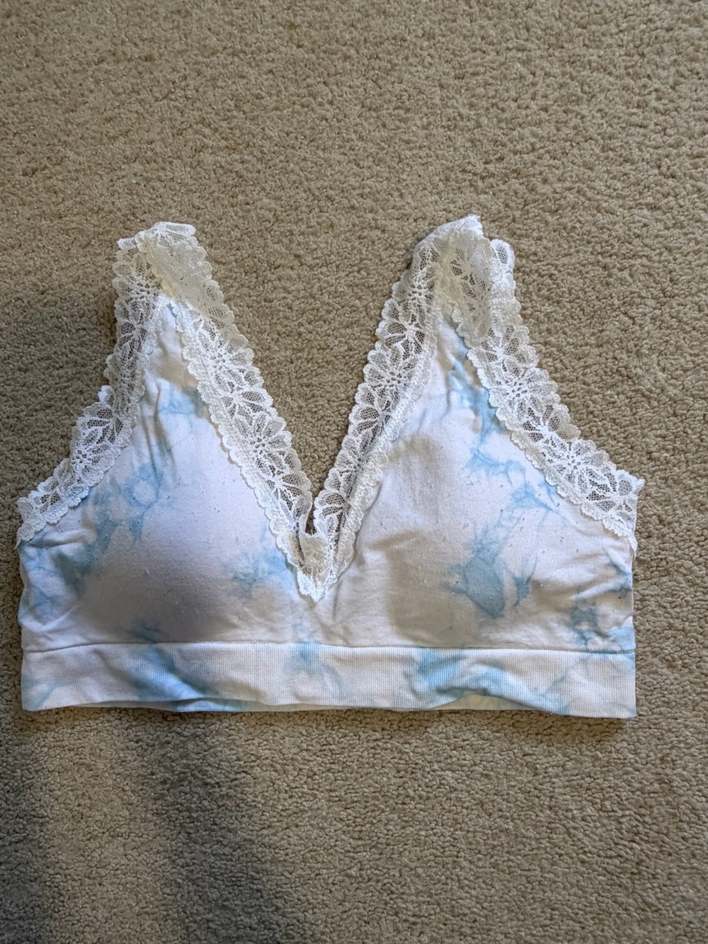 Lace Trim Tie-Dye Bralette in White and Light Blue